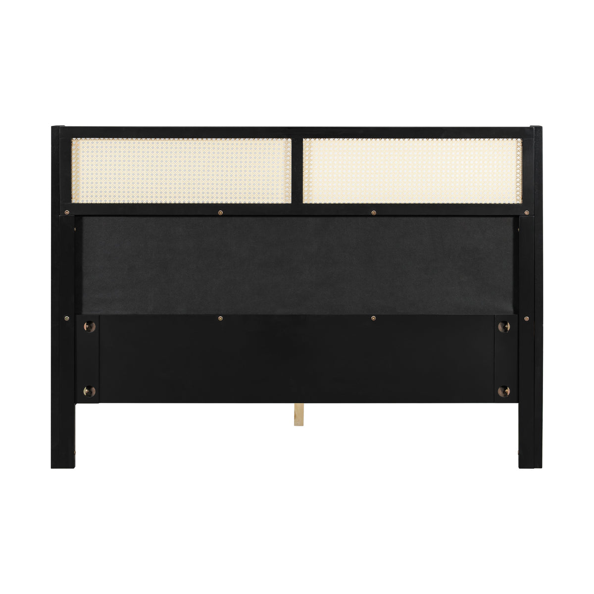 Queen size bed frame with black finish and woven cane headboard panels on Tampa Home & Garden Store