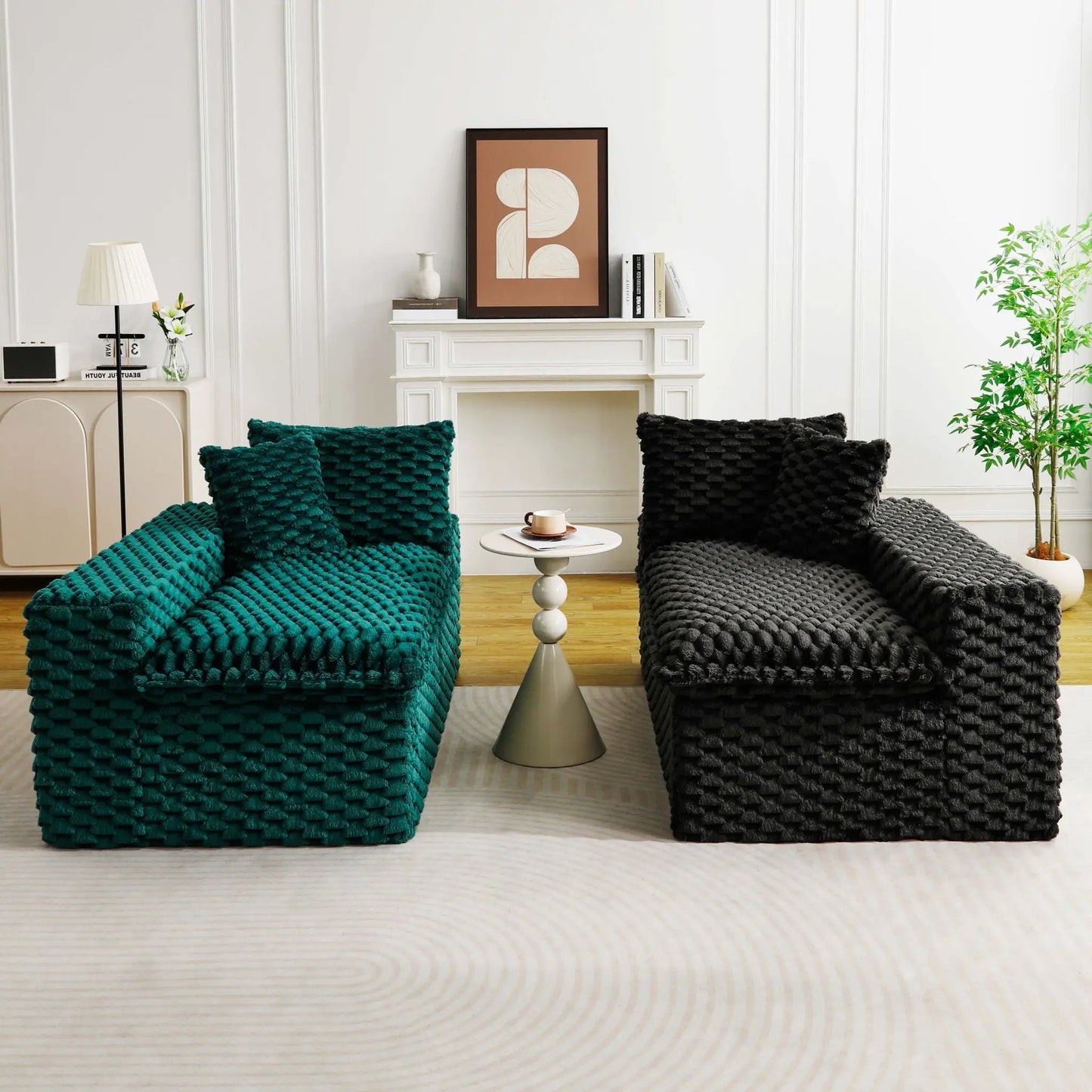 Multifunctional sofa blocks in teal and charcoal with chunky knit texture in a modern living room on Tampa Home & Garden Store