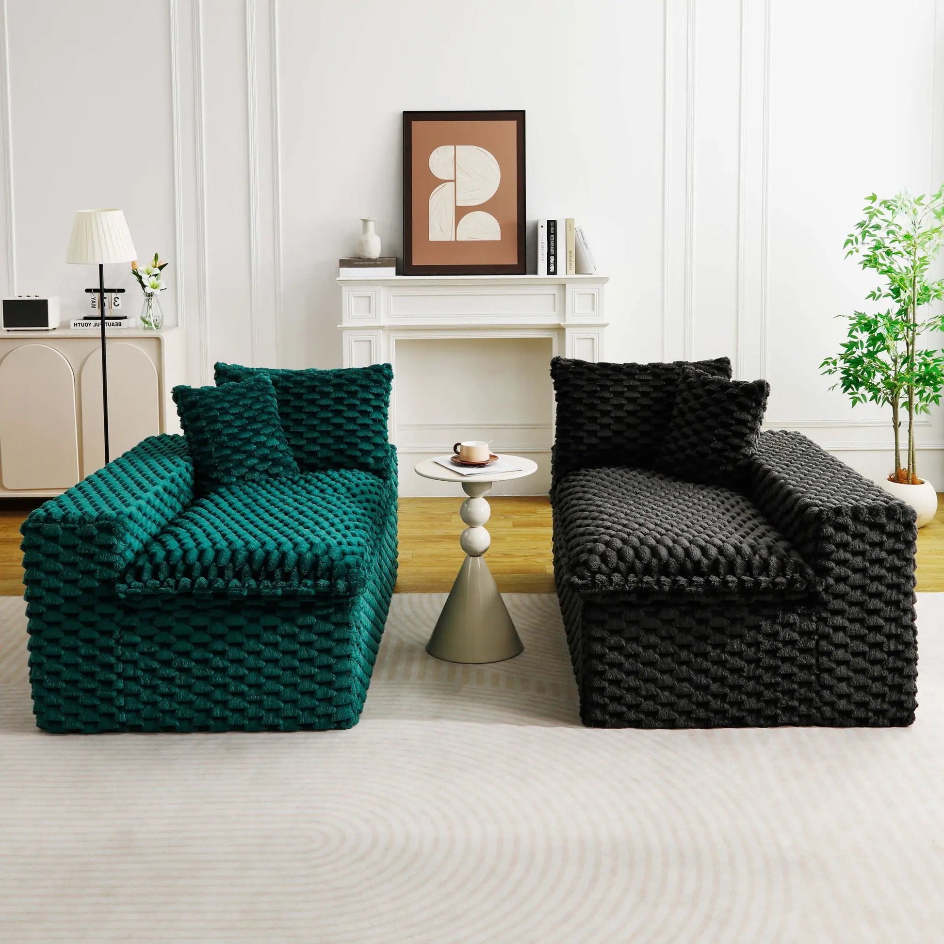 Multifunctional sofa blocks in teal and charcoal with chunky knit texture in a modern living room on Tampa Home & Garden Store
