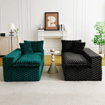 Multifunctional sofa blocks in teal and charcoal with chunky knit texture in a modern living room on Tampa Home & Garden Store