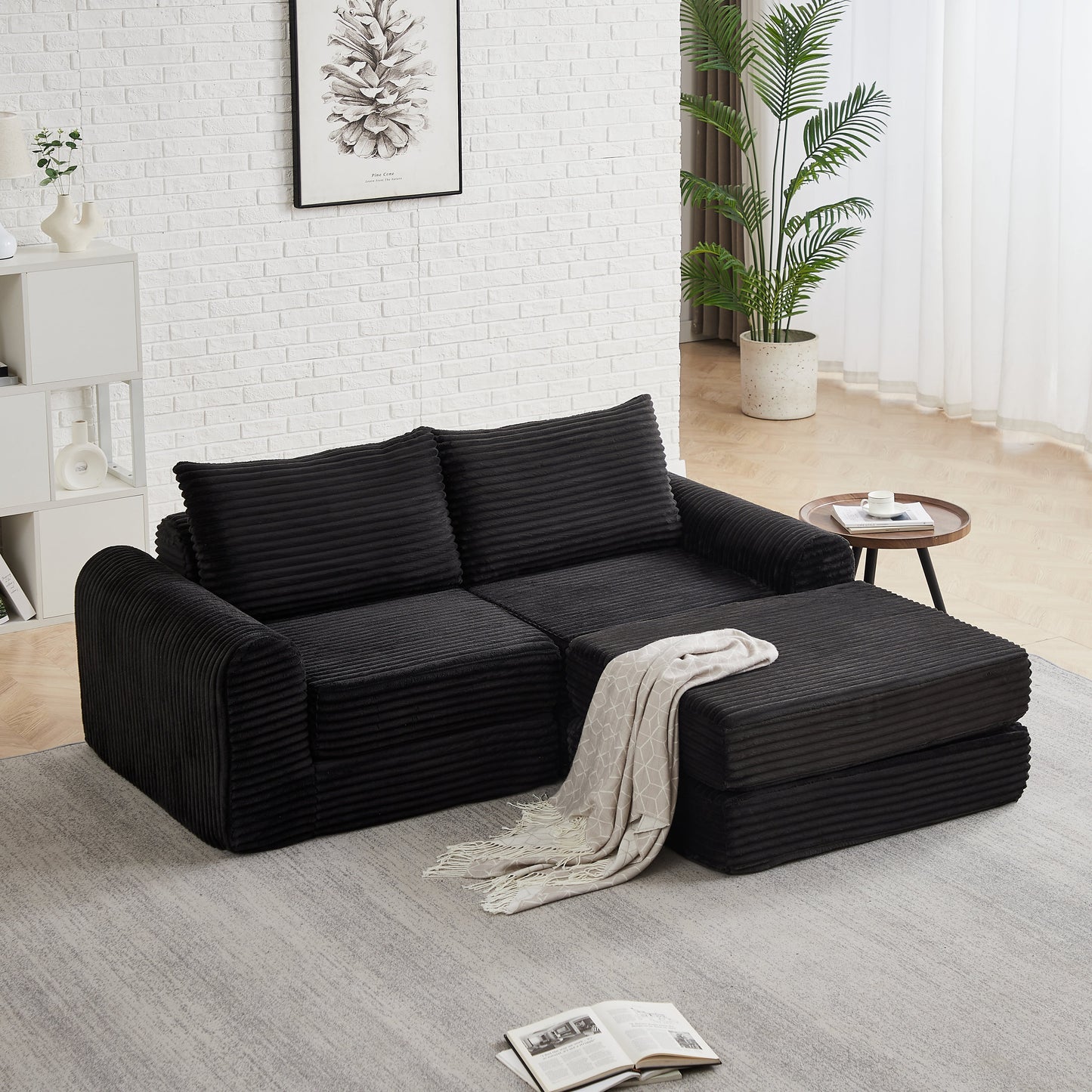 Minimalist Corduroy Sofa Bed and Throw Pillows