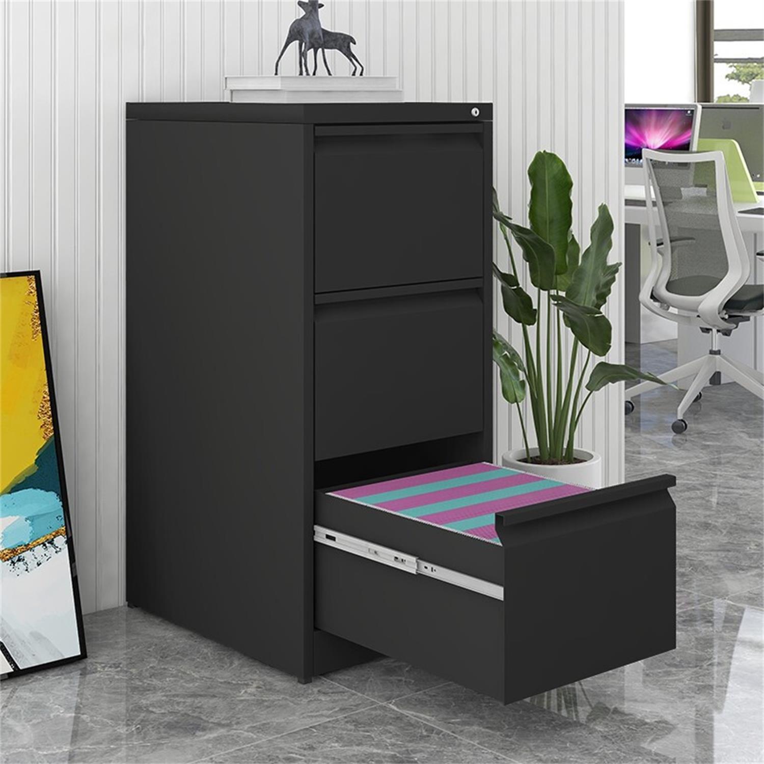 Durable metal 3-drawer file cabinet with lock in black, bottom drawer open showing pink stripes on Tampa Home & Garden Store