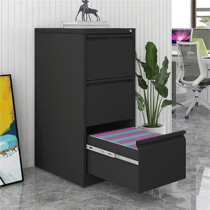 Durable metal 3-drawer file cabinet with lock in black, bottom drawer open showing pink stripes on Tampa Home & Garden Store