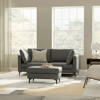 Ava - Mid Century Sofa, gray upholstered with matching ottoman and black metal legs on Tampa Home & Garden Store