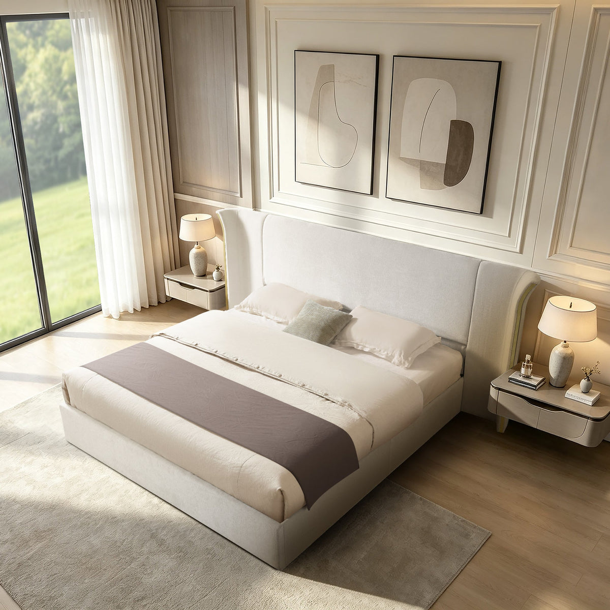 King size beige wing-back upholstered bed with padded headboard, 2 nightstands and wall art on Tampa Home & Garden Store
