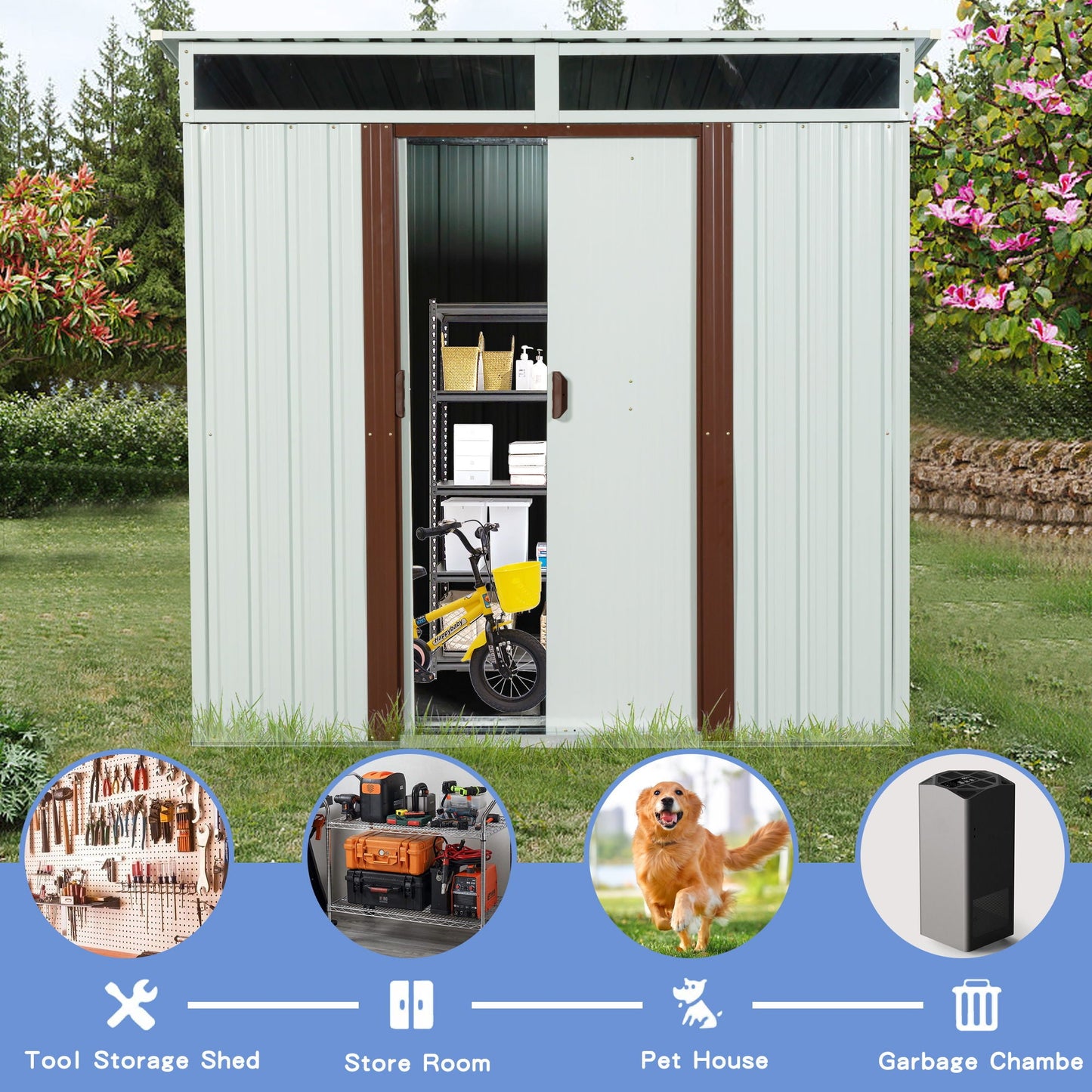 Metal Shed With A Sliding Door And Glass Window