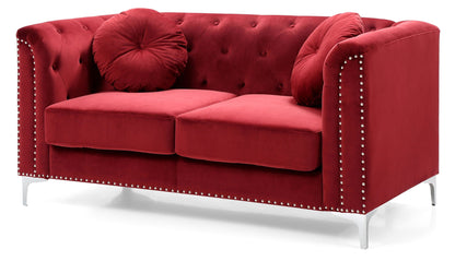 Sloped-arm loveseat in red micro suede with tufted back and nailhead trim on Tampa Home & Garden Store