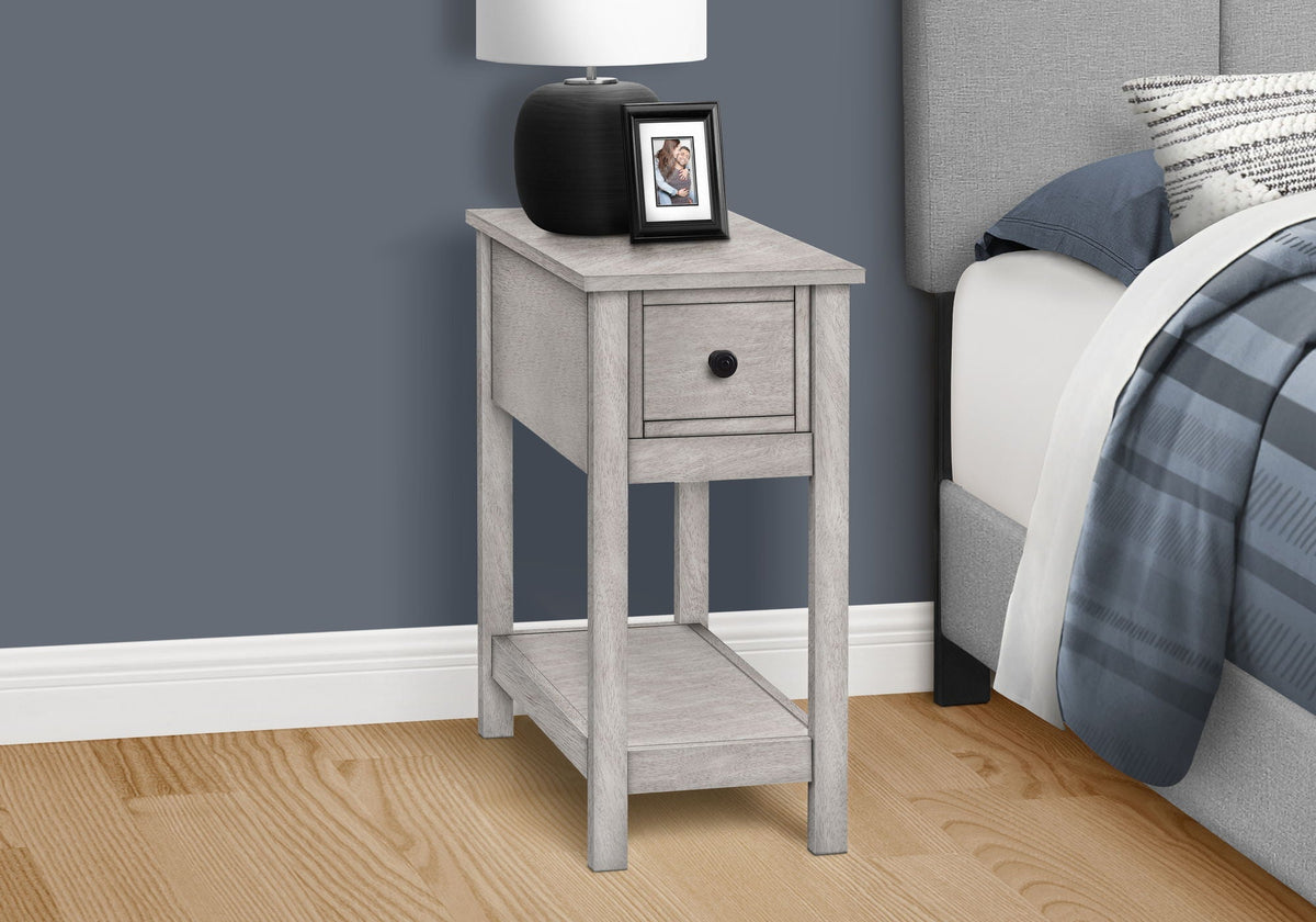 Accent end table, 2-tier narrow gray wood with storage drawer; lamp and frame on top on Tampa Home & Garden Store