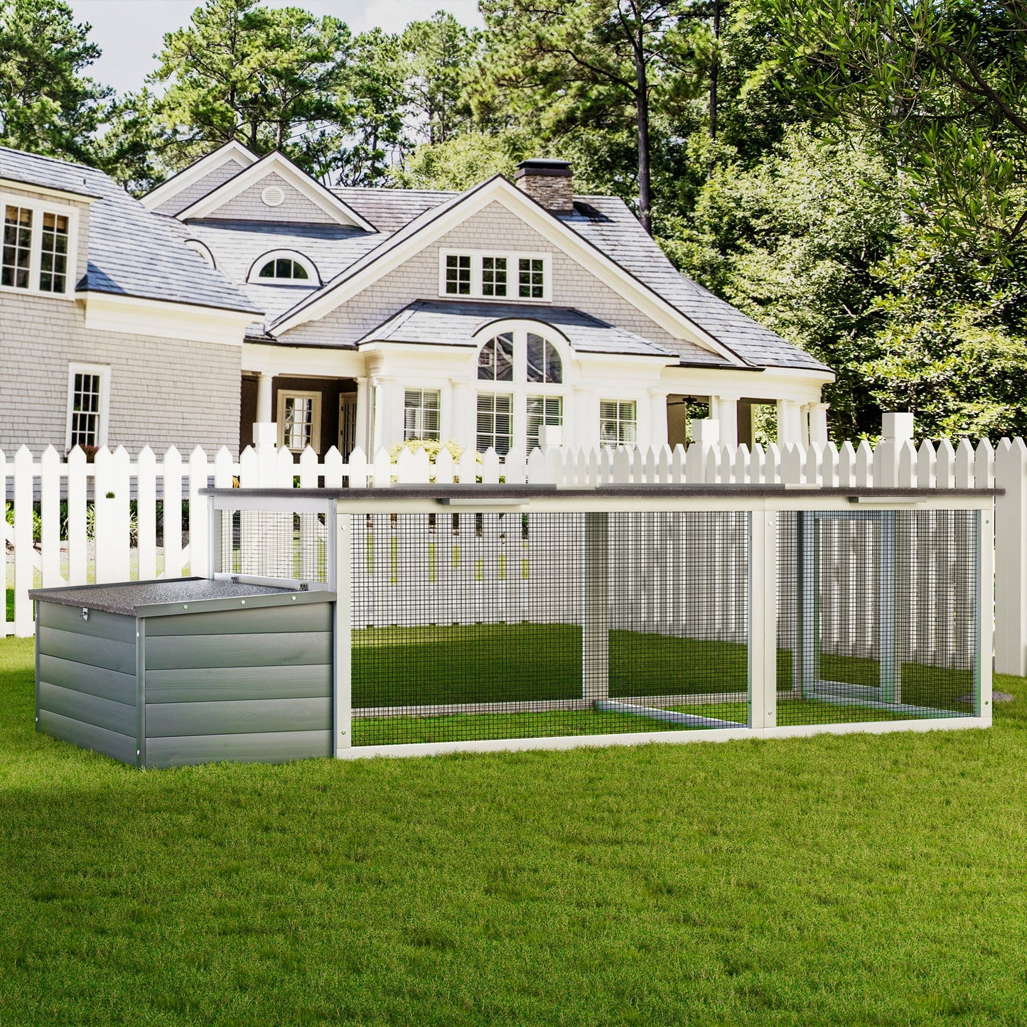 Large chicken coop with 20.93 sq ft run, gray siding and wired mesh run beside a picket fence on Tampa Home & Garden Store