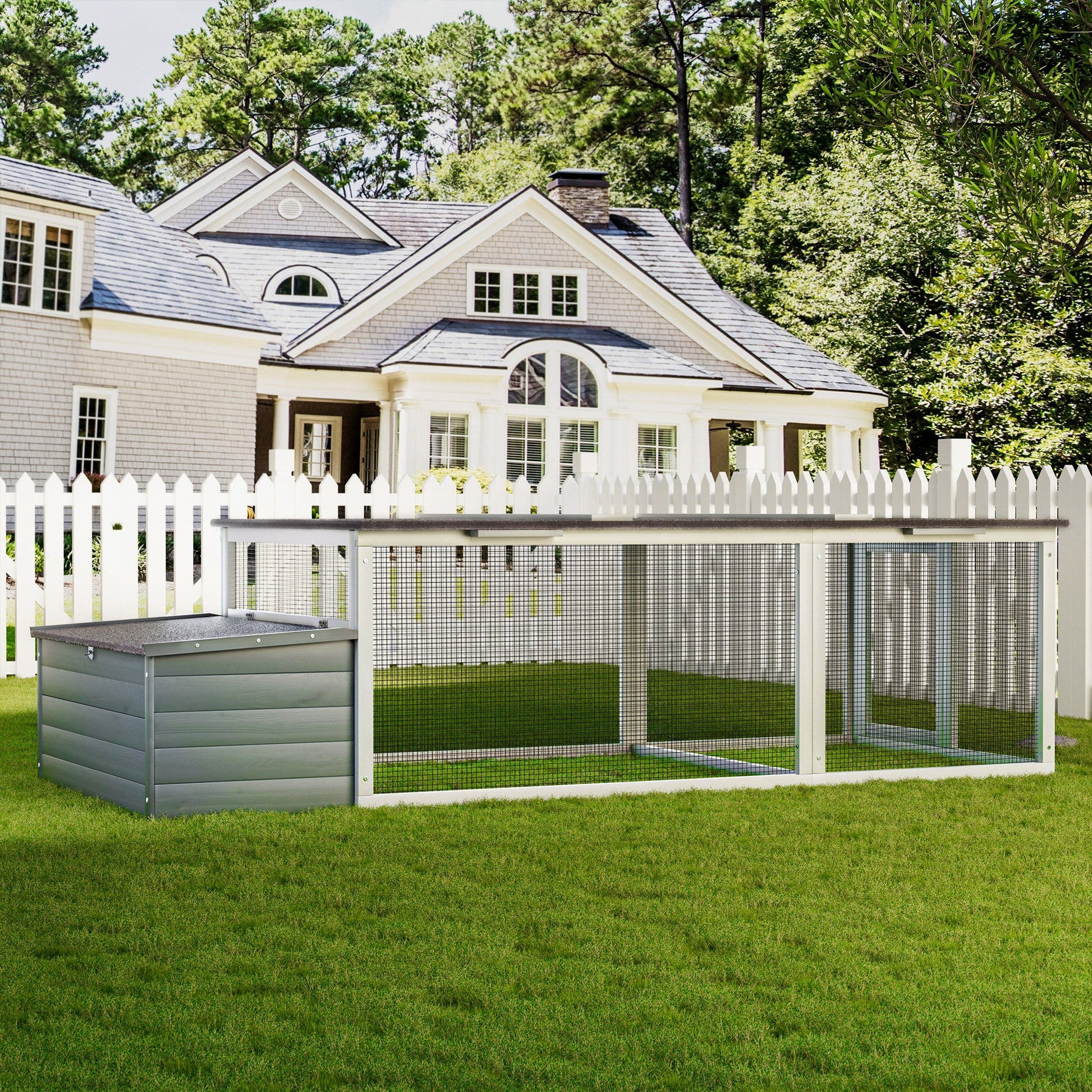 Large chicken coop with 20.93 sq ft run, gray siding and wired mesh run beside a picket fence on Tampa Home & Garden Store