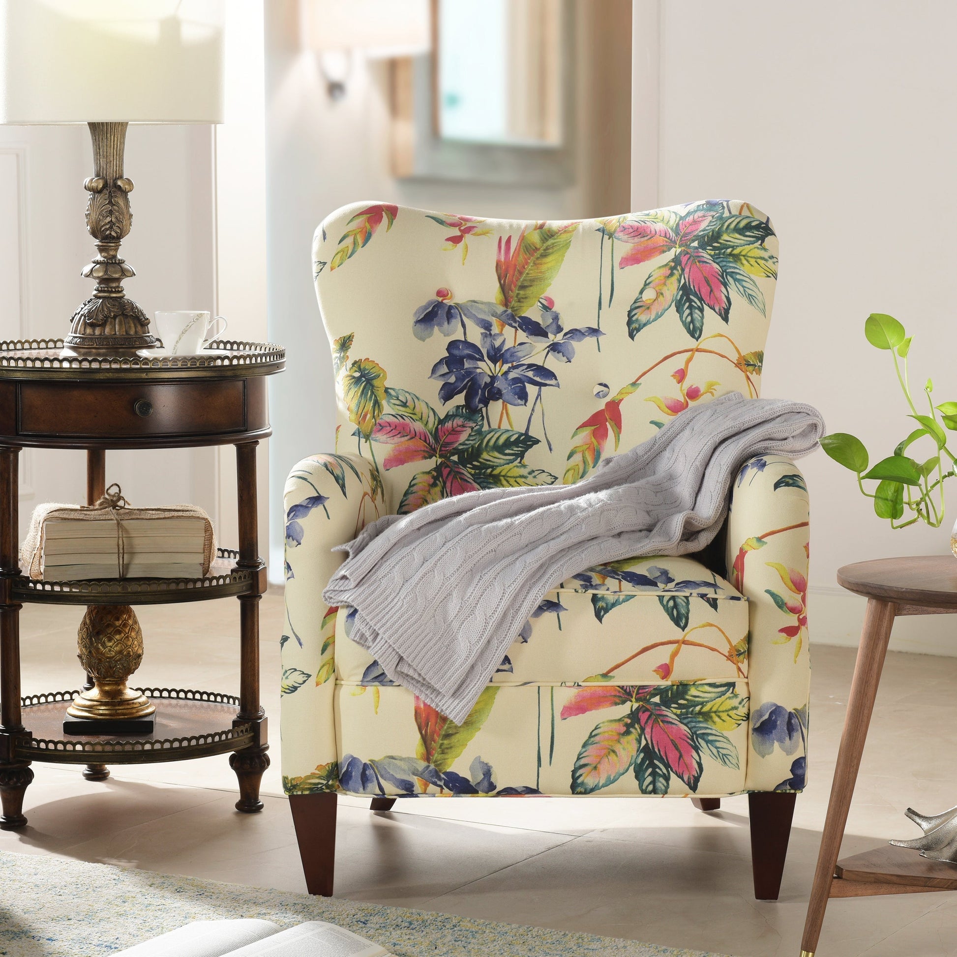 Paradise Upholstered Arm Chair off-white floral cotton upholstery by HouseOfZazla on Tampa Home & Garden Store
