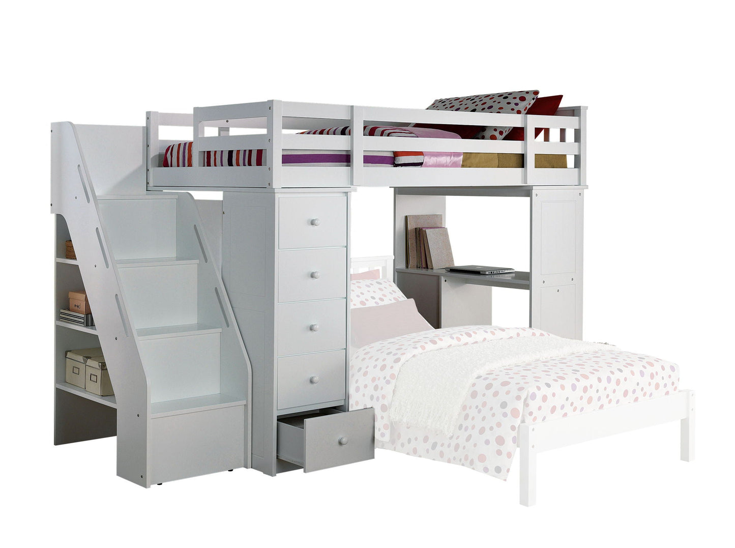 Freya Twin Loft Bed With Storage white with stairs, drawers and desk area on Tampa Home & Garden Store