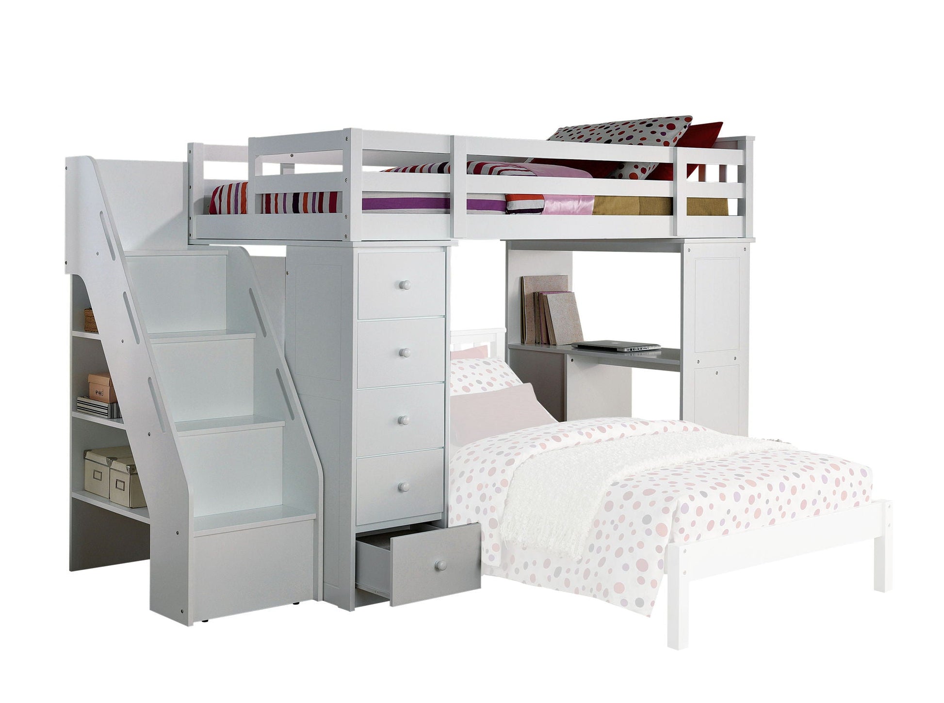 Freya Twin Loft Bed With Storage white with stairs, drawers and desk area on Tampa Home & Garden Store