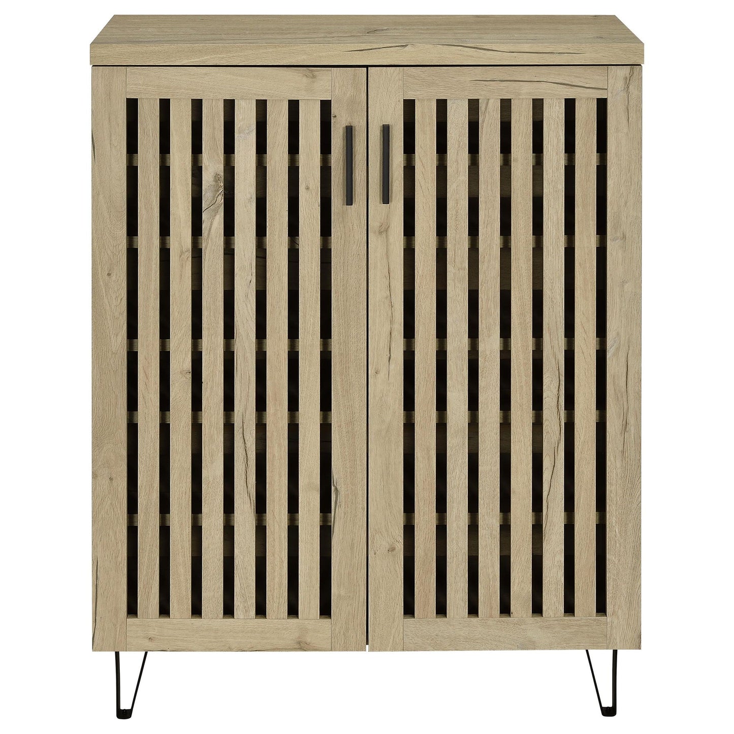 Clackamas 2-Door Storage Cabinet with Adjustable Shelves, slatted doors, black legs on Tampa Home & Garden Store