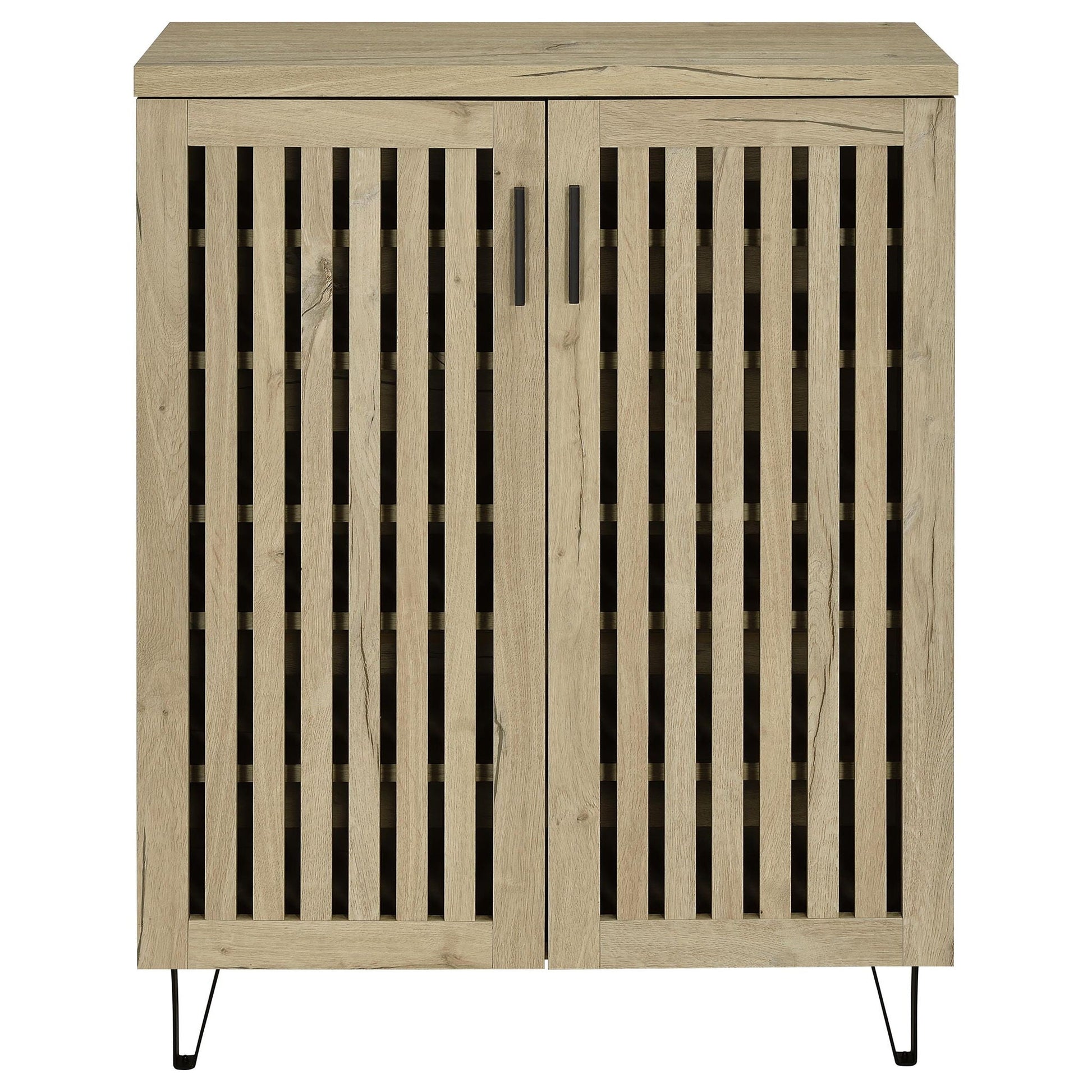 Clackamas 2-Door Storage Cabinet with Adjustable Shelves, slatted doors, black legs on Tampa Home & Garden Store
