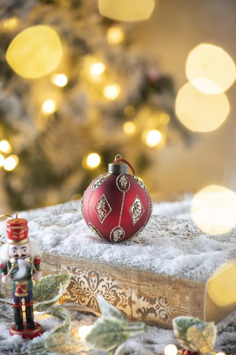 Red satin Christmas ball ornament with silver glitter diamond motifs, Unique Piece Furniture on Tampa Home & Garden Store