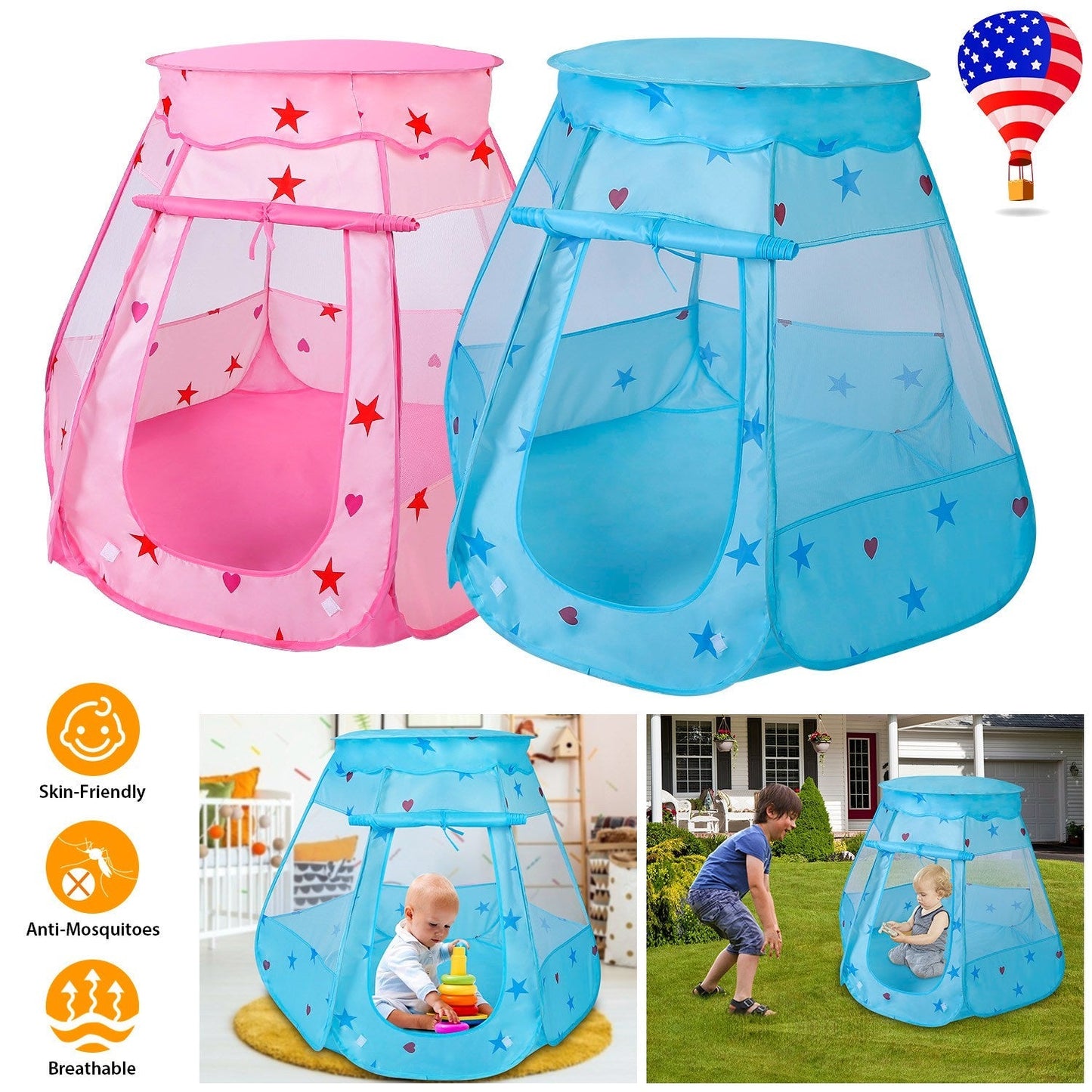GemGear kids pop-up princess tent set, pink with red stars/hearts and blue with stars, 2 tents on Tampa Home & Garden Store