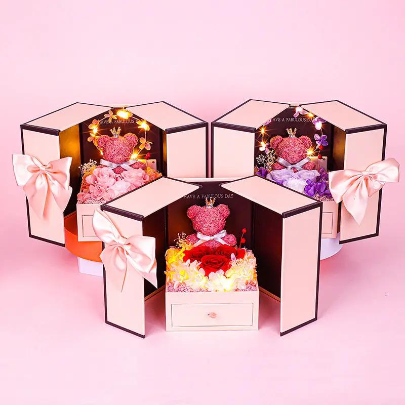 Little Bear preserved flower gift box set of 4 with pink bows and heart displays on Tampa Home & Garden Store