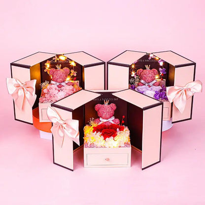 Little Bear preserved flower gift box set of 4 with pink bows and heart displays on Tampa Home & Garden Store