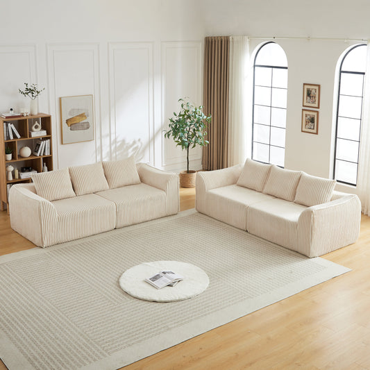 Minimalist 3+3 Seater Corduroy Sofa Set by HouseOfZazla beige fabric in a bright living room on Tampa Home & Garden Store