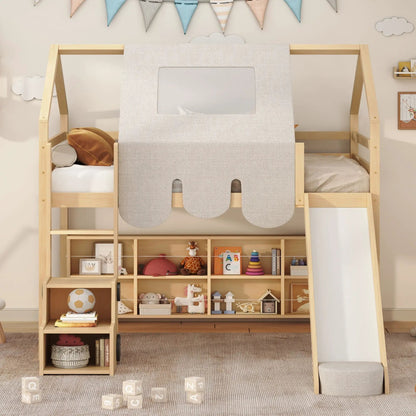 Loft bed with house-shaped natural wood frame and grey fabric tent panel on Tampa Home & Garden Store