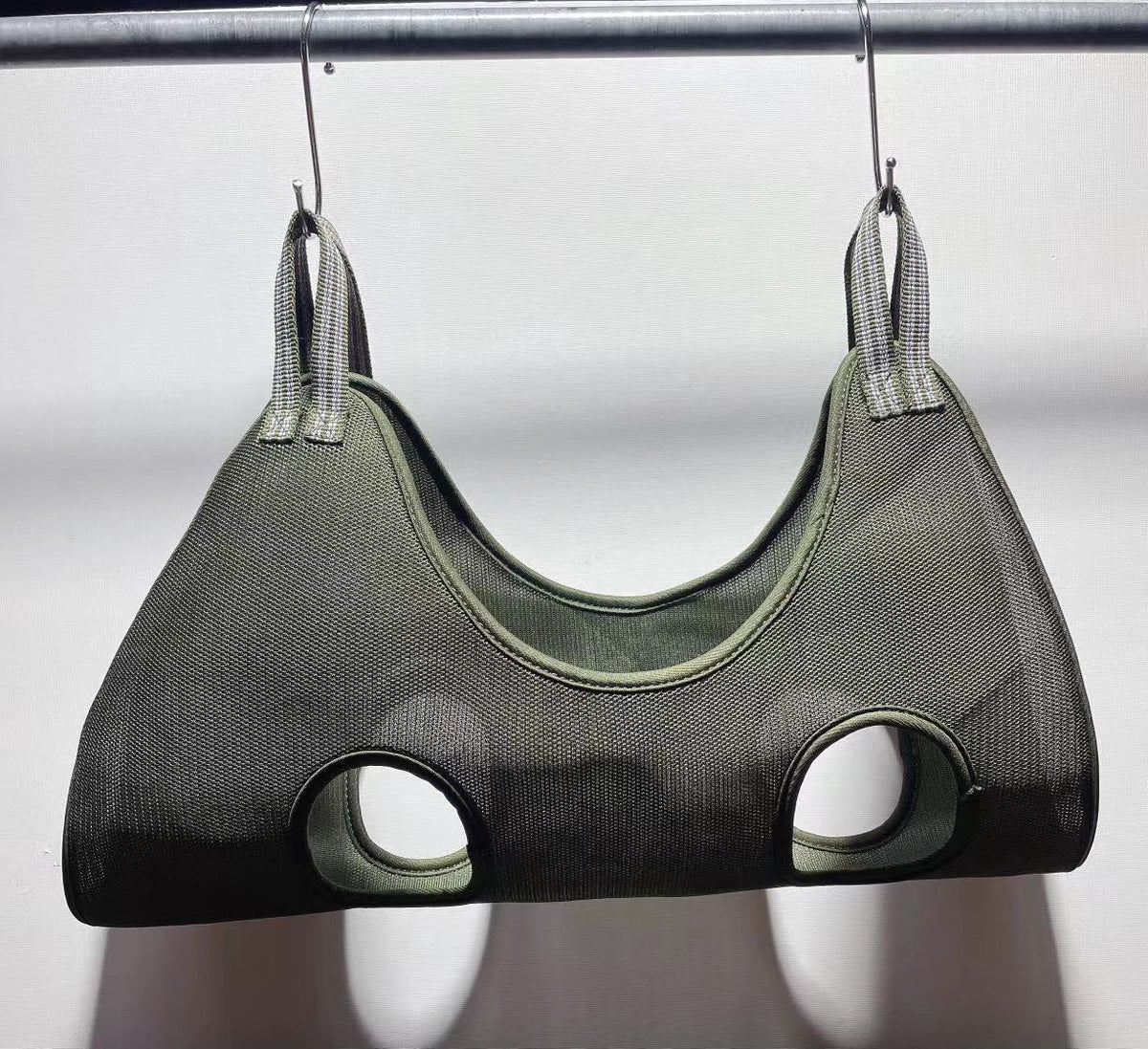 Pet Zen nail trimming hammock for small to medium cats and dogs, olive-green mesh with leg holes on Tampa Home & Garden Store