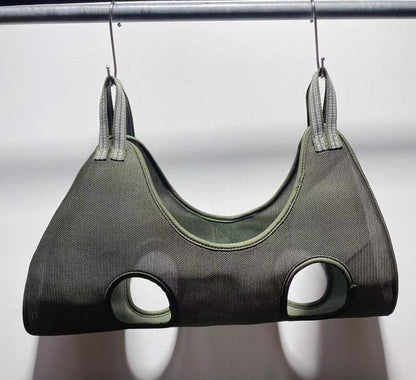 Pet Zen nail trimming hammock for small to medium cats and dogs, olive-green mesh with leg holes on Tampa Home & Garden Store