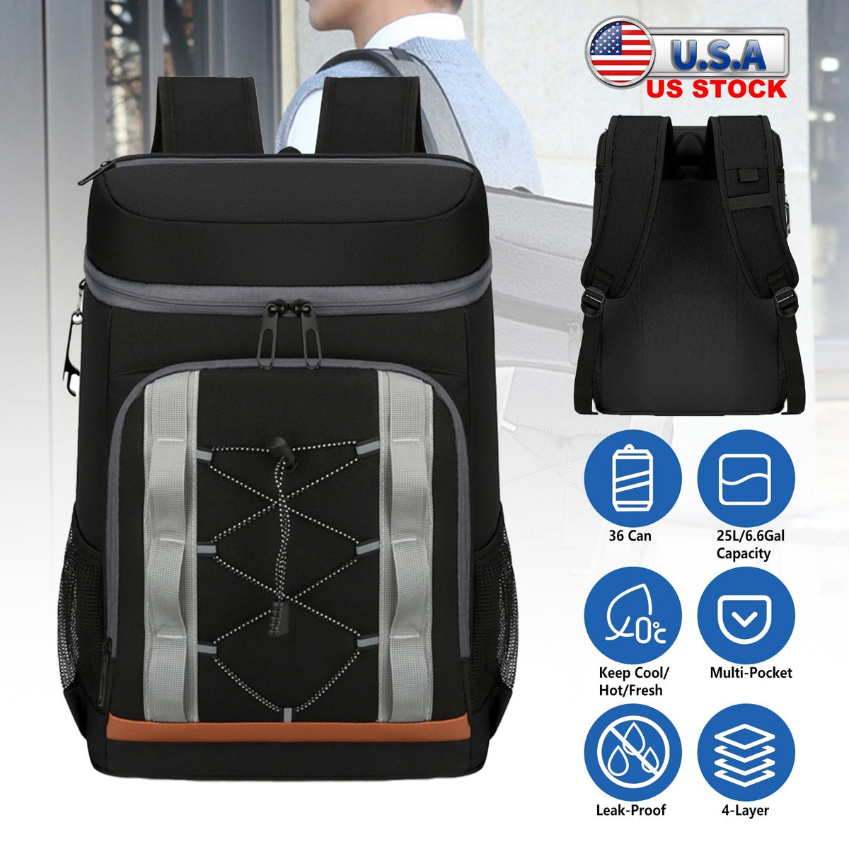 GemGear 36-Can leakproof insulated cooler backpack, black with gray accents, 25L capacity on Tampa Home & Garden Store