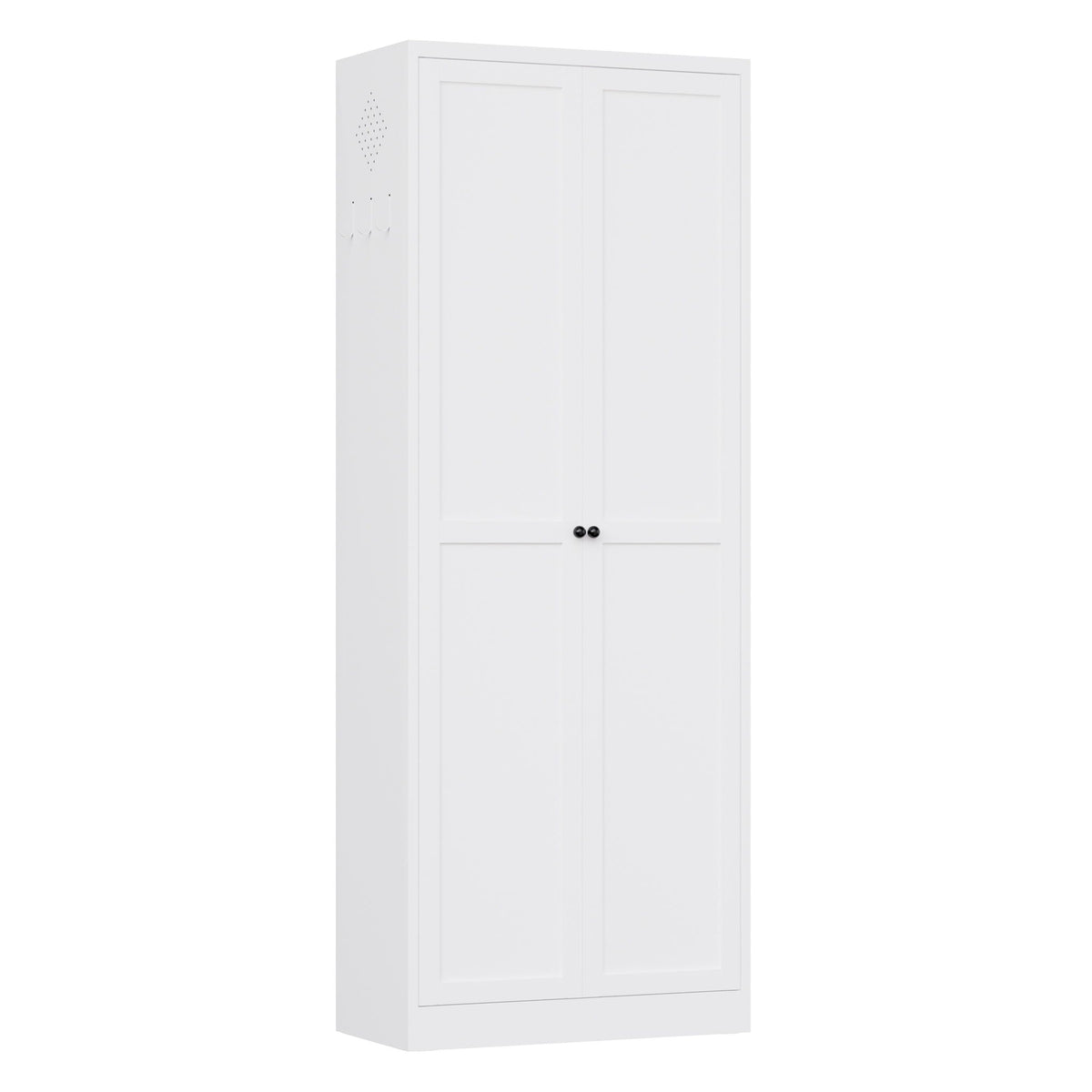 White kitchen pantry cabinet with double panel doors and black knobs, freestanding accent cabinet on Tampa Home & Garden Store