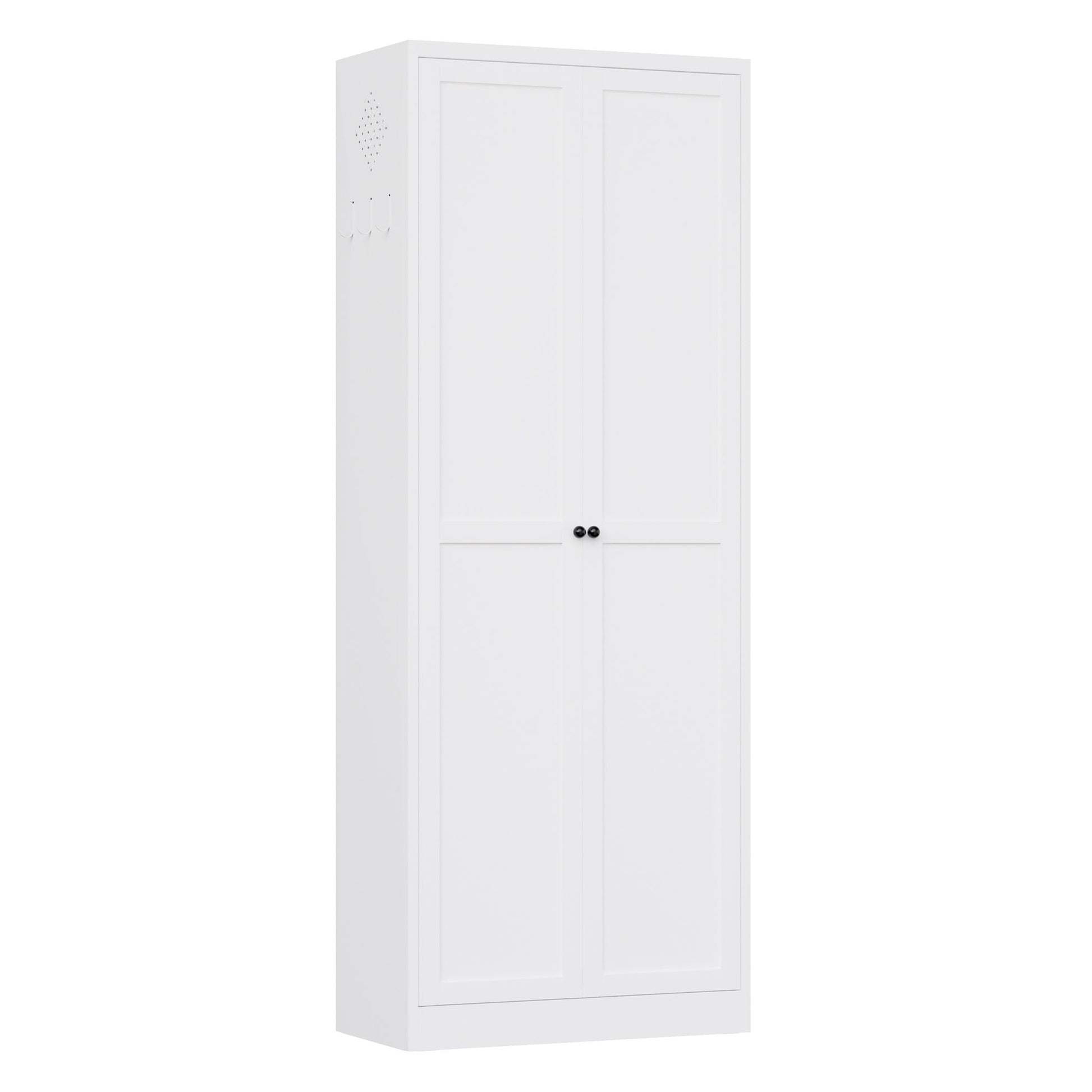 White kitchen pantry cabinet with double panel doors and black knobs, freestanding accent cabinet on Tampa Home & Garden Store