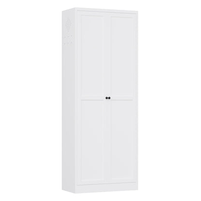 White kitchen pantry cabinet with double panel doors and black knobs, freestanding accent cabinet on Tampa Home & Garden Store