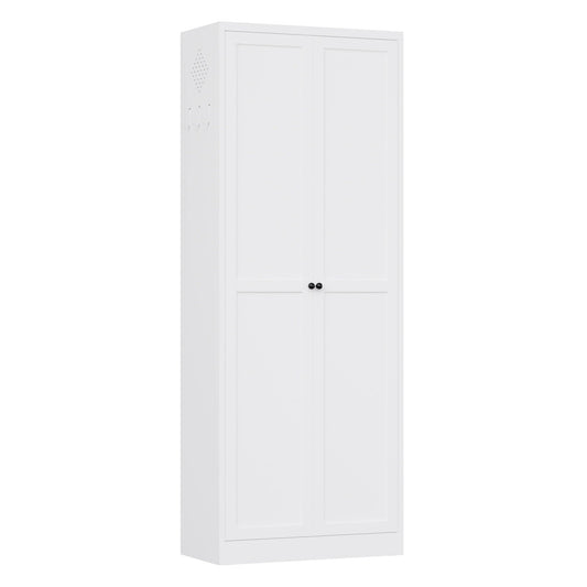 White kitchen pantry cabinet with double panel doors and black knobs, freestanding accent cabinet on Tampa Home & Garden Store