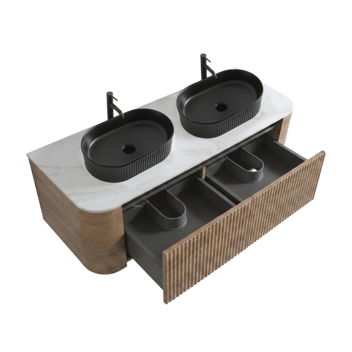 Erba 60in honey oak vanity with ribbed drawers, white marble top and two black oval vessel sinks on Tampa Home & Garden Store
