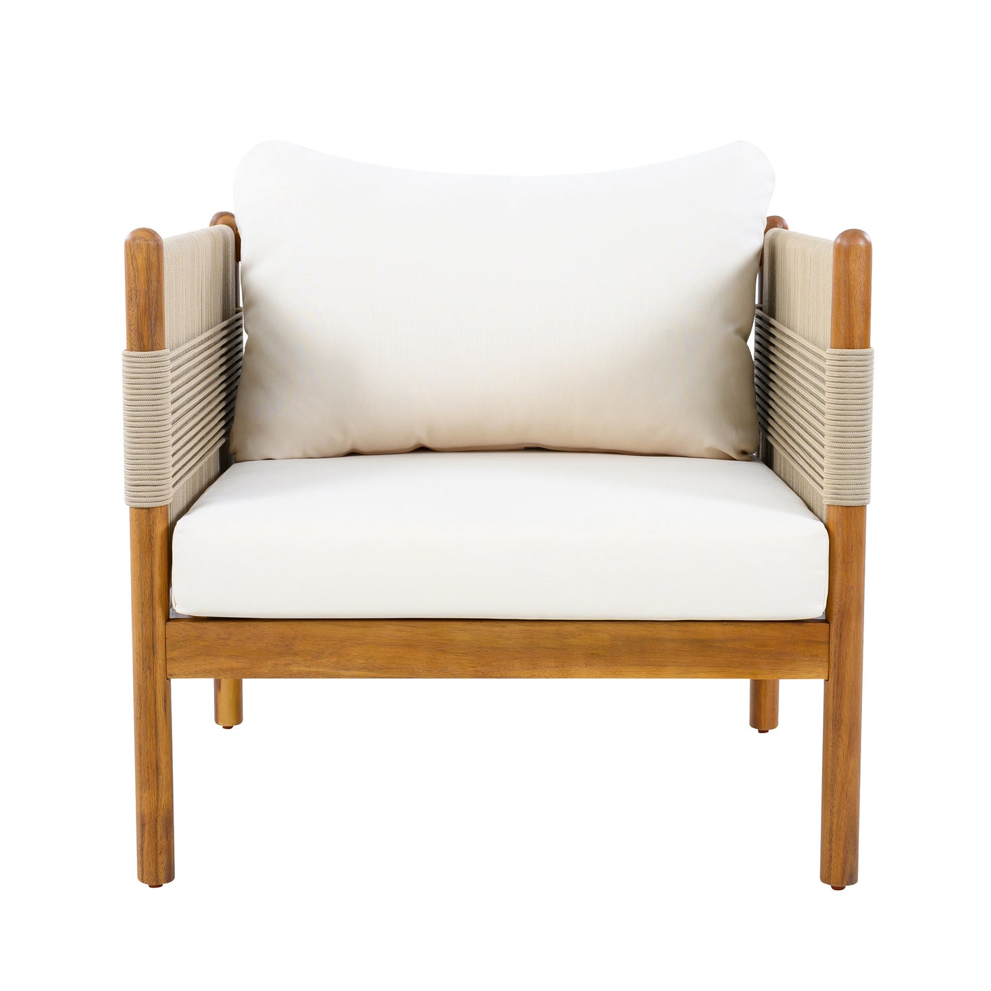 Outdoor acacia wood club chair with diamond rope weave and beige cushions, teak finish on Tampa Home & Garden Store