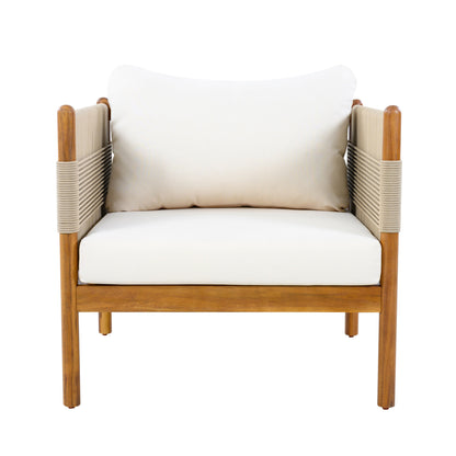 Outdoor acacia wood club chair with diamond rope weave and beige cushions, teak finish on Tampa Home & Garden Store