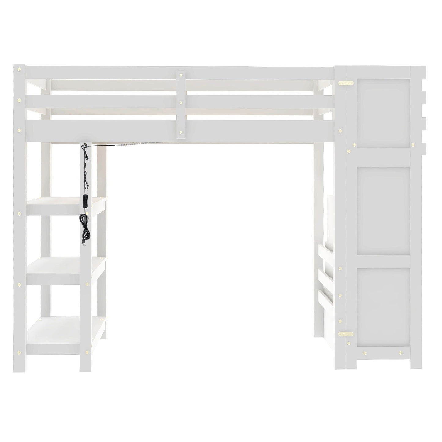 Loft bed with four shelves, storage staircase, LED light and built-in wardrobe in white on Tampa Home & Garden Store