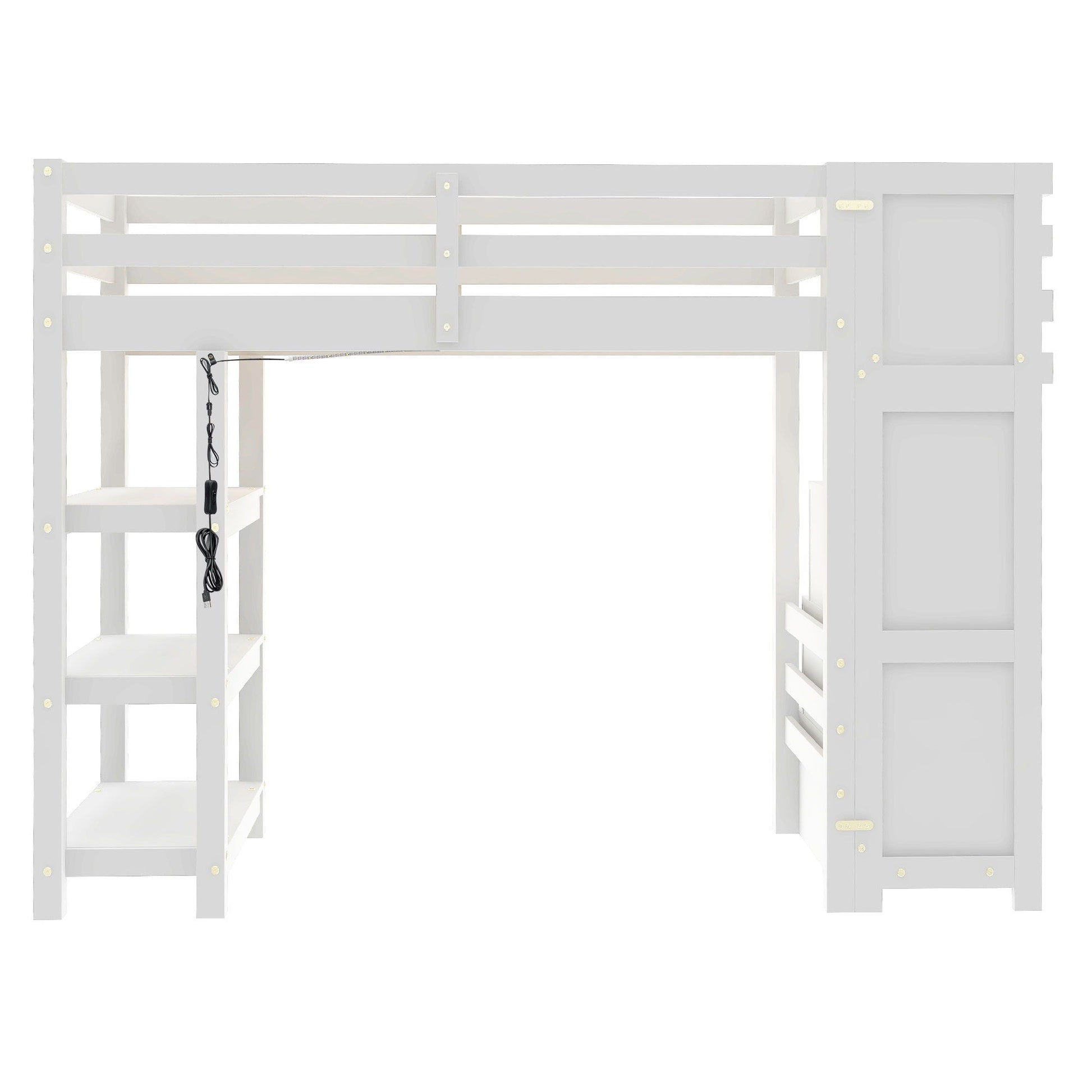 Loft bed with four shelves, storage staircase, LED light and built-in wardrobe in white on Tampa Home & Garden Store