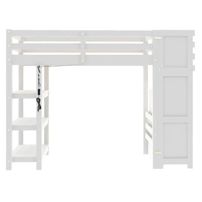 Loft bed with four shelves, storage staircase, LED light and built-in wardrobe in white on Tampa Home & Garden Store