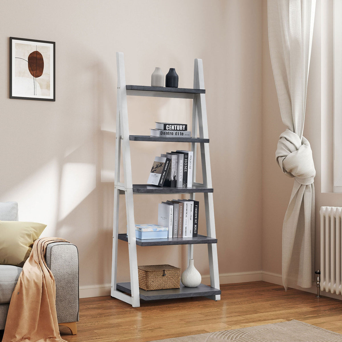 5-Tier Ladder Shelf with Rubber Wood Frame Grey & White, two vases and stacked books on shelves on Tampa Home & Garden Store