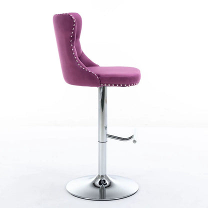 Purple velvet swivel barstool with tufted back and nailhead chrome base adjustable height on Tampa Home & Garden Store