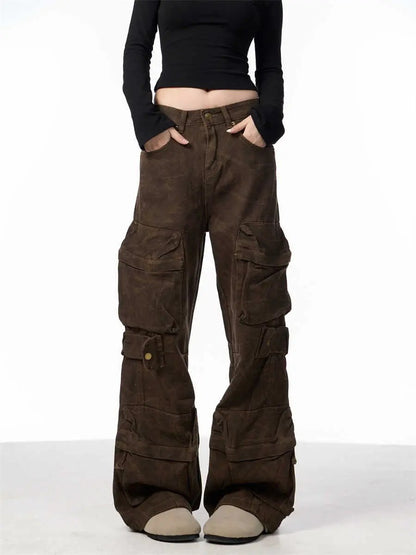 Camouflage cargo pants women's loose wide-leg brown fabric with multiple pockets, FLIPSTYLEZLLC on Tampa Home & Garden Store