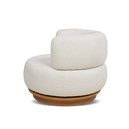 Ivory boucle swivel accent chair with low barrel back, 360-degree movement, round wood base on Tampa Home & Garden Store
