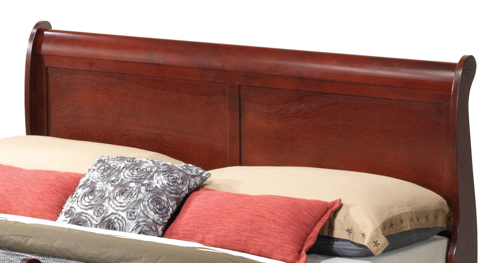 Panel Sleigh Bed headboard in dark cherry wood with curved end posts, HouseOfZazla Sleigh Beds on Tampa Home & Garden Store
