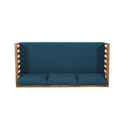 Claremont 3 Seater Daybed with teak-acacia wood frame and water resistant blue cushions on Tampa Home & Garden Store