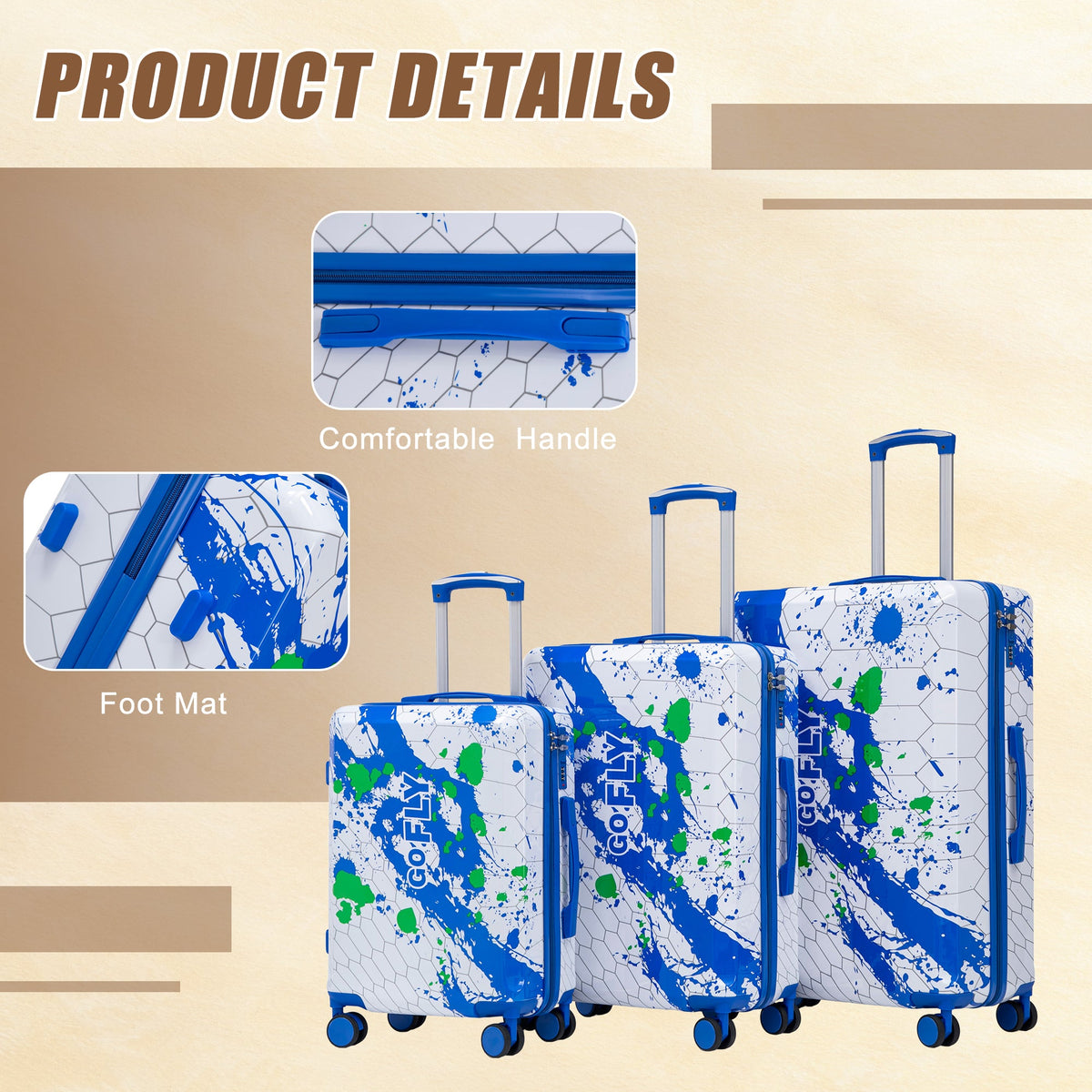3-Piece PC Spinner Wheel Luggage Set in Blue with white splatter and blue handles on Tampa Home & Garden Store