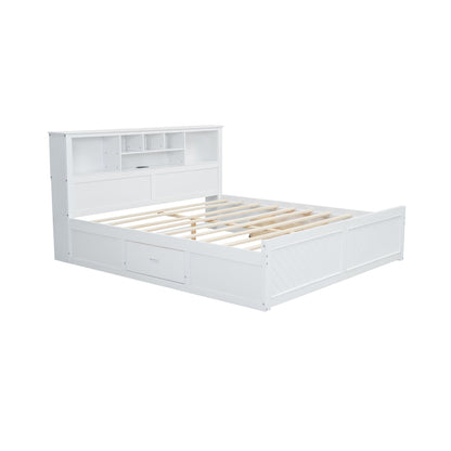 Platform bed white with storage headboard, cubby slots and two drawers, slim slatted frame on Tampa Home & Garden Store