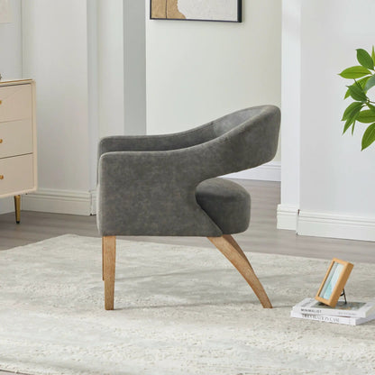 Upholstered open-back armchair in gray fabric with weathered rubberwood legs on Tampa Home & Garden Store