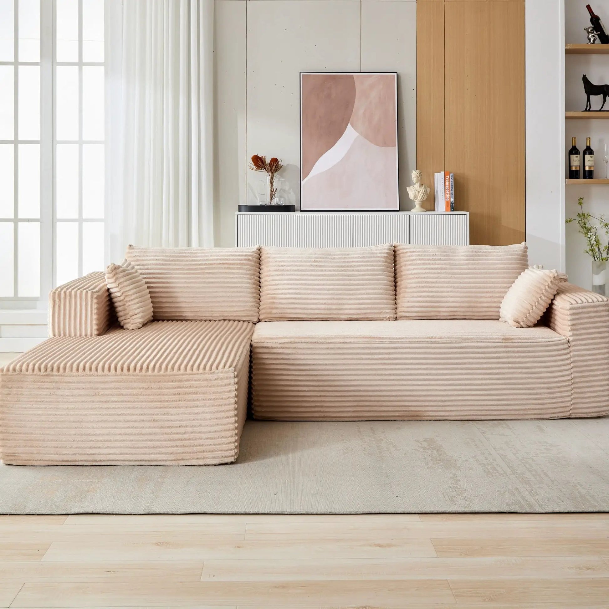 Compression Sectional Couch with Chaise in beige ribbed fabric by Unique Piece Furniture on Tampa Home & Garden Store