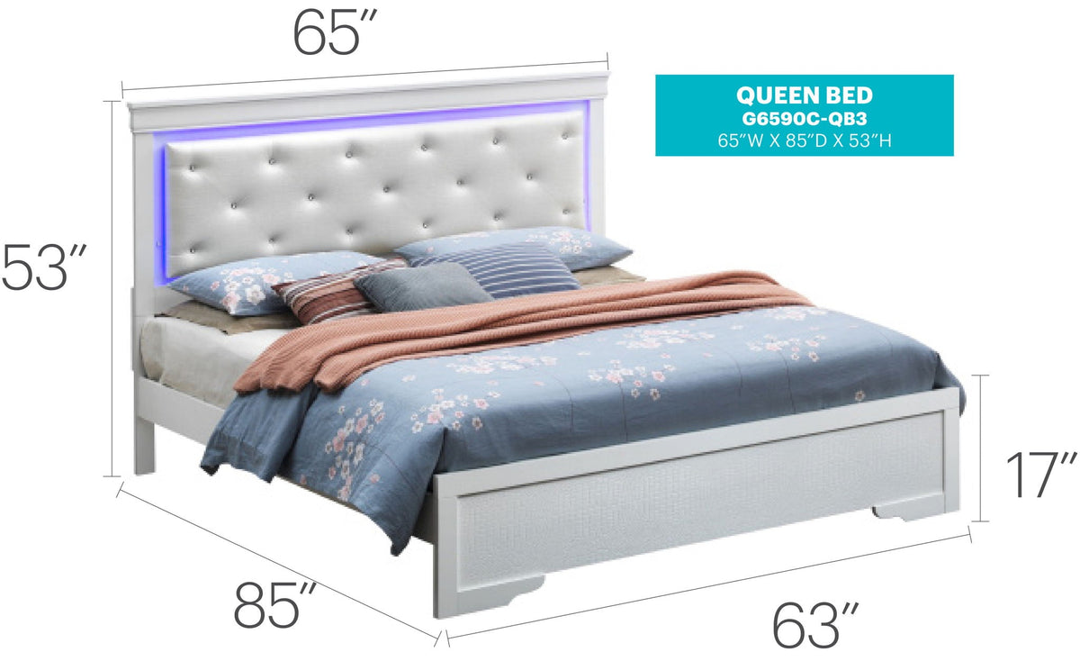 LED Elegant Bed upholstered bed with tufted white headboard and blue LED lighting on Tampa Home & Garden Store