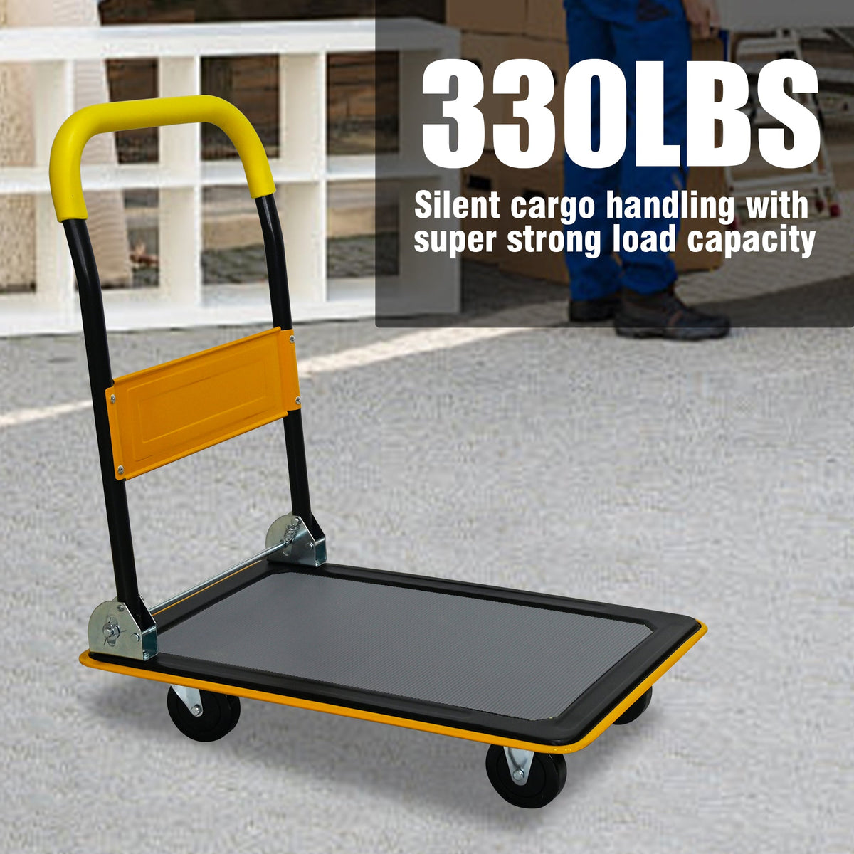 HouseOfZazla 330lbs heavy-duty yellow flatbed cart with folding platform hand truck on Tampa Home & Garden Store